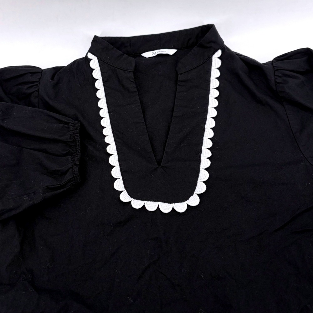 Cicy Bell Black Scalloped Trim Peplum Blouse Long Sleeve V-Neck Top Size 8